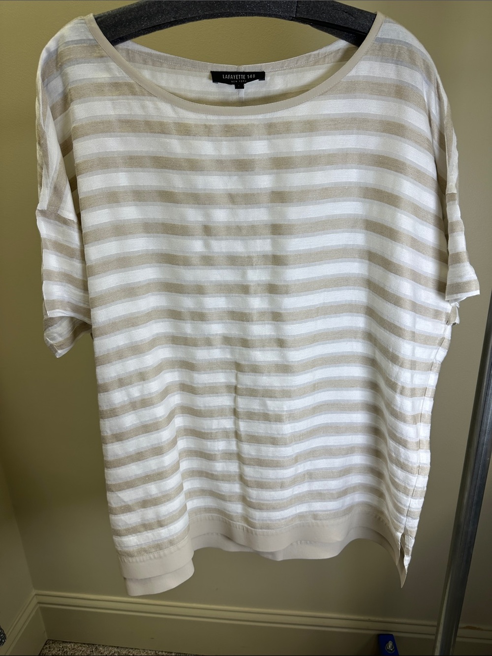 Lafayette 148 New York Cream and White Striped Short Sleeve Tee